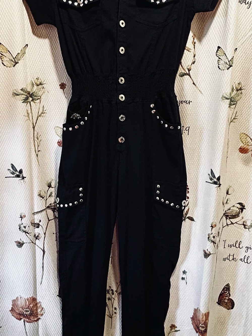 Dereon by Beyoncé Black Studded Button-Front Jumpsuit